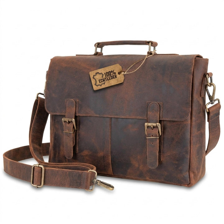 moonster Aktentasche Herren Leder - Handgefertigte Laptoptasche 16 Zoll aus Büffelleder, Messenger B