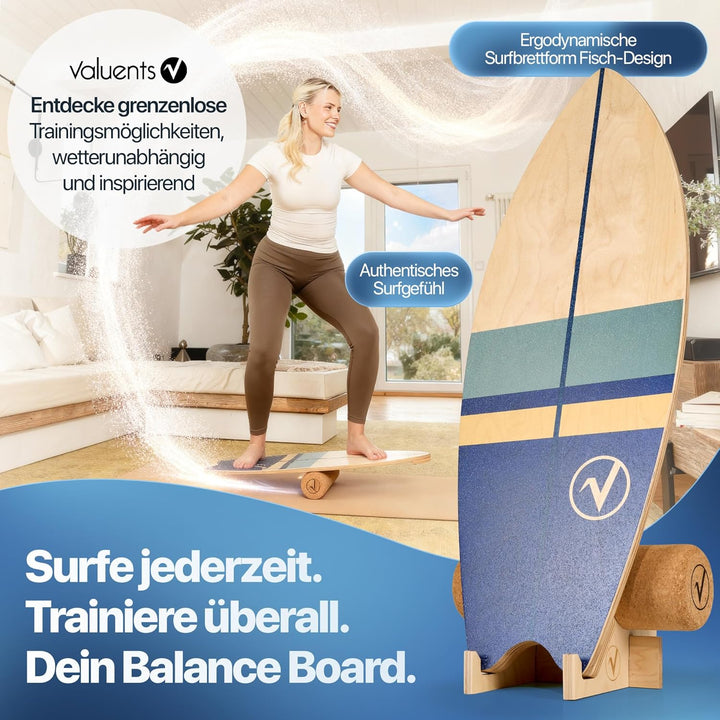 Balance Board aus Holz in Surfboard Form inkl. Rolle für Neuromuscular Response Training +Plus: Halt