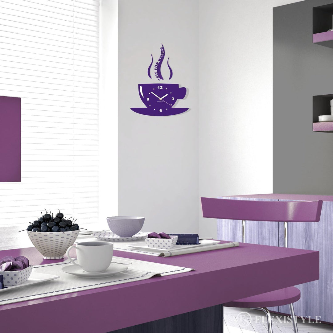 FLEXISTYLE Tasse Zeit für Kaffee Moderne Küche Wanduhr, 3D römisch, wanduhr deko (Violett (blaubeere