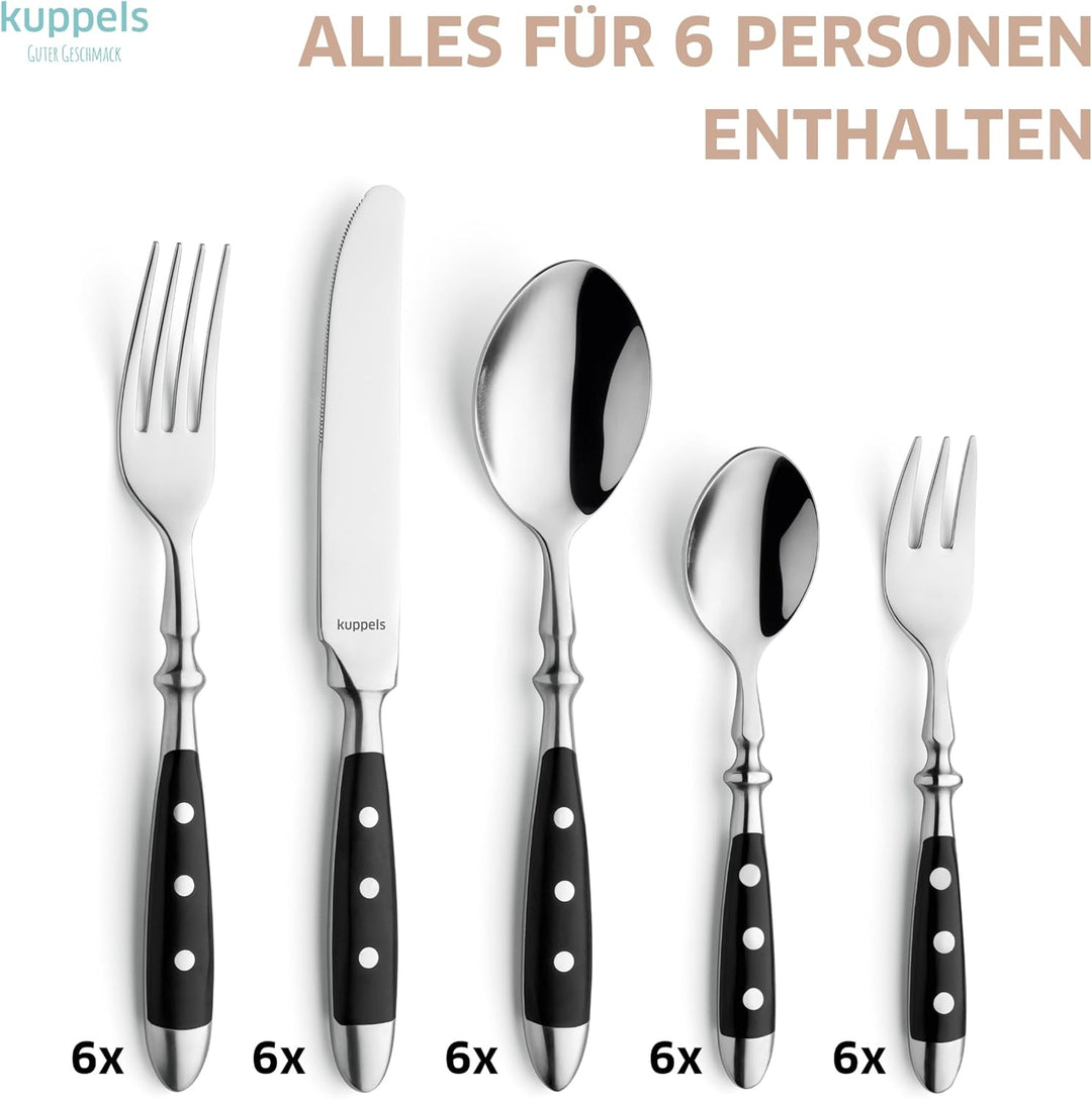 Kuppels COUNTRY Besteck Set 6 Personen 30-teilig, schwarzes Edelstahlbesteck mit 3-fach genieteten K