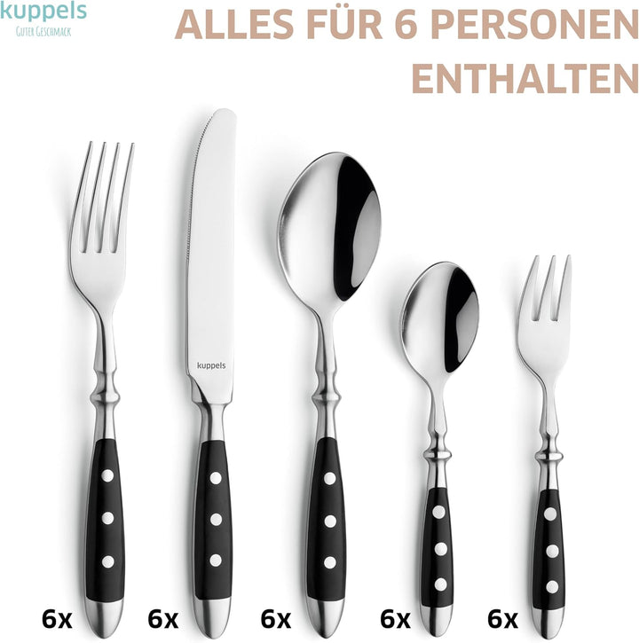 Kuppels COUNTRY Besteck Set 6 Personen 30-teilig, schwarzes Edelstahlbesteck mit 3-fach genieteten K