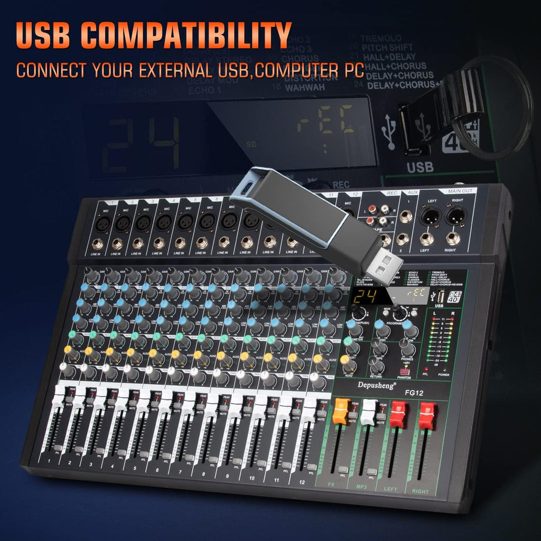 Depusheng FG12 Professioneller 12-Kanal-Audio-Mixer für Computeraufnahmen, Sound-Controller-Schnitts