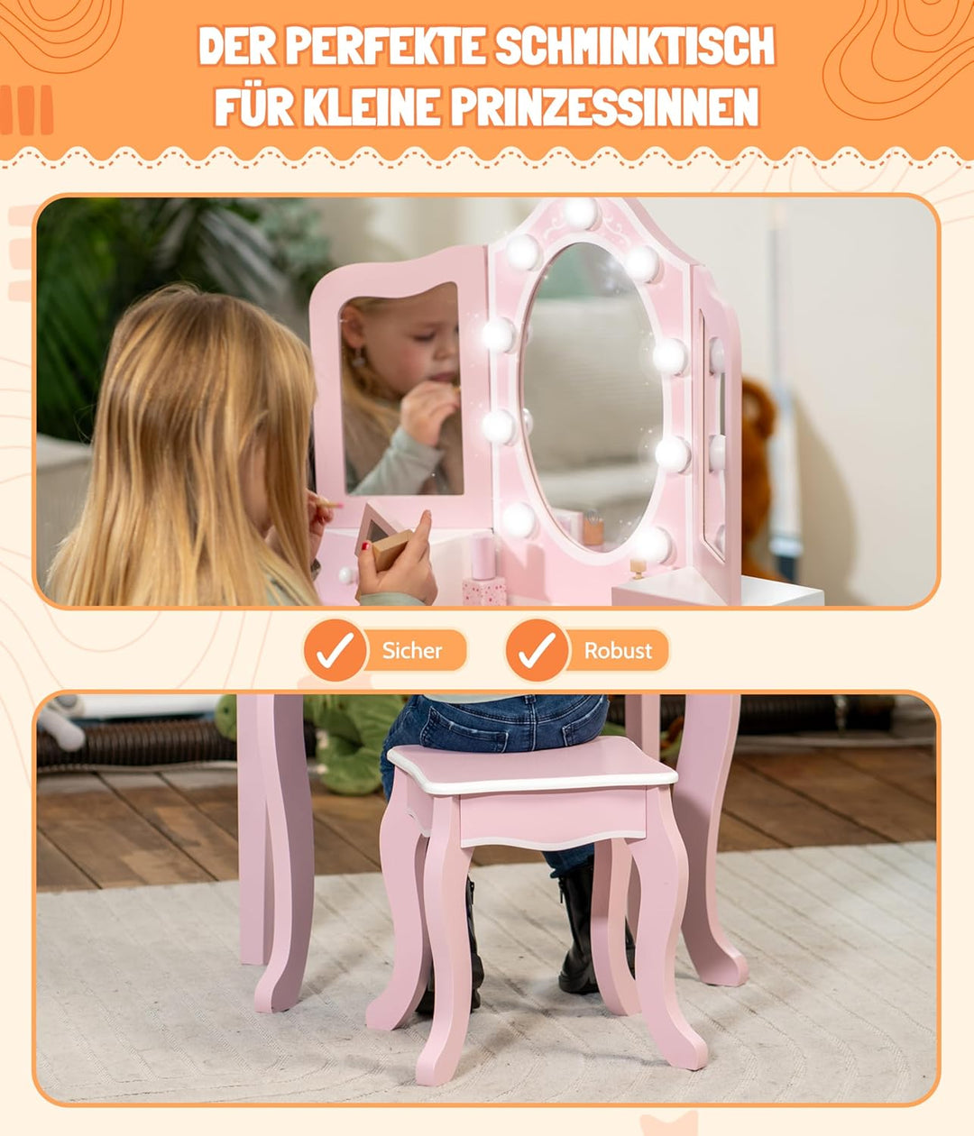 Bayer Chic 2000® Schminktisch Kinder mit LED Beleuchtung & Hocker – Bruchsichere Spiegel & Ausreiche