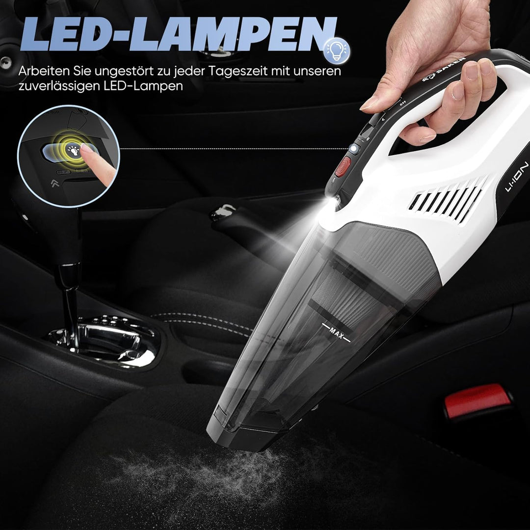 Saker Akku Handstaubsauger Kabellos 10000PA Autostaubsauger mit Waschbar 14,8V HEPA-Filter, LED-Lich
