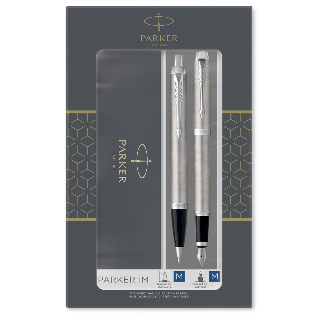 Parker IM Duo-Geschenkset mit Kugelschreiber & Tintenroller | Brushed Metal mit Goldzierteilen | Nac