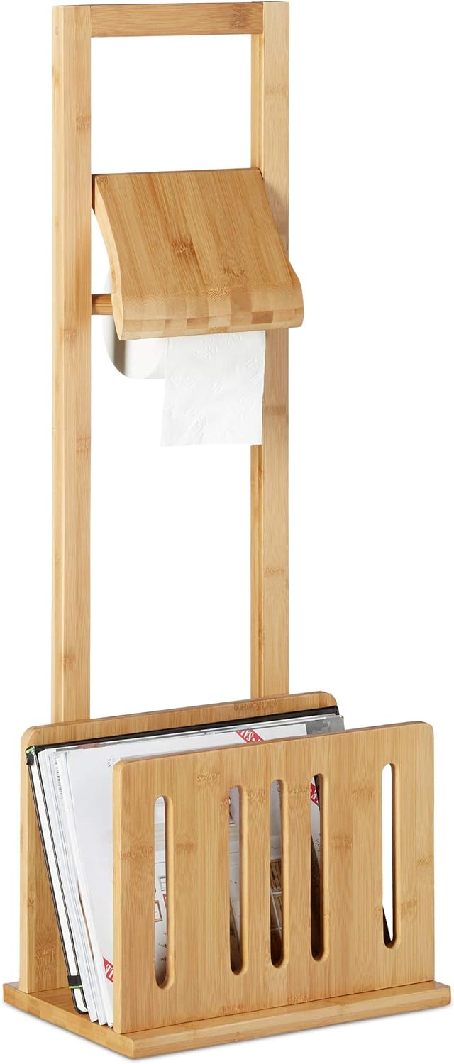Relaxdays Toilettenpapierhalter mit Zeitungsständer, Bambus, Stand WC Garnitur, Zeitungsablage, HBT