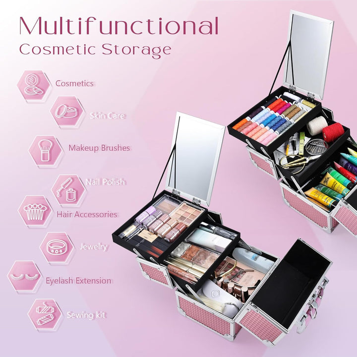 Kosmetikkoffer Schminkkoffer Leer Make up Koffer mit Spiegel Abschliessbare Beauty Case Nagelkoffer