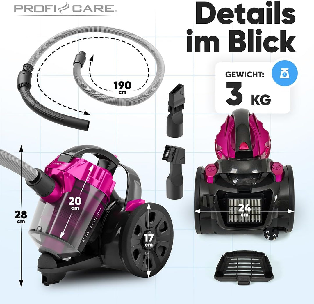 Proficare, Bodenstaubsauger ohne Beutel, 700 W, Rosa, PC-BS3134-Pink, HEPA-Filtration, Teleskoprohr,