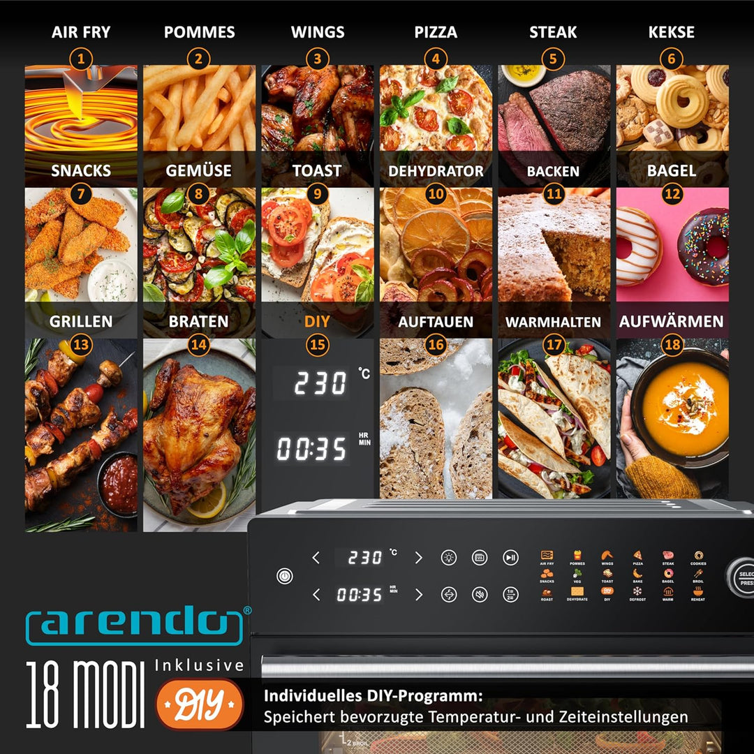 Arendo - Minibackofen 30l - Heissluftfritteuse 30 Liter - Edelstahl - Multifunktionsofen Umluft - mi