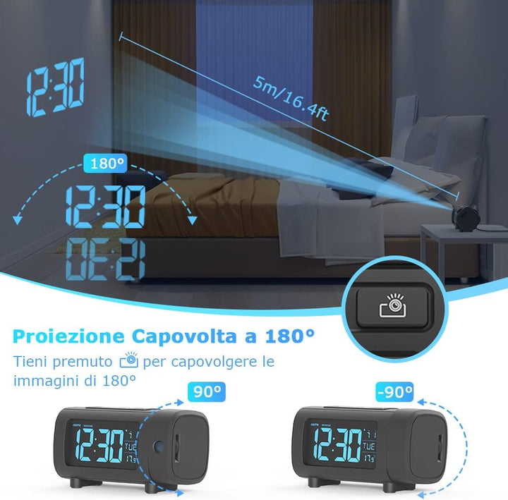 LIORQUE Projektionswecker Radiowecker Digital Wecker mit Radio Snooze Wochenendmodus Temperatur USB