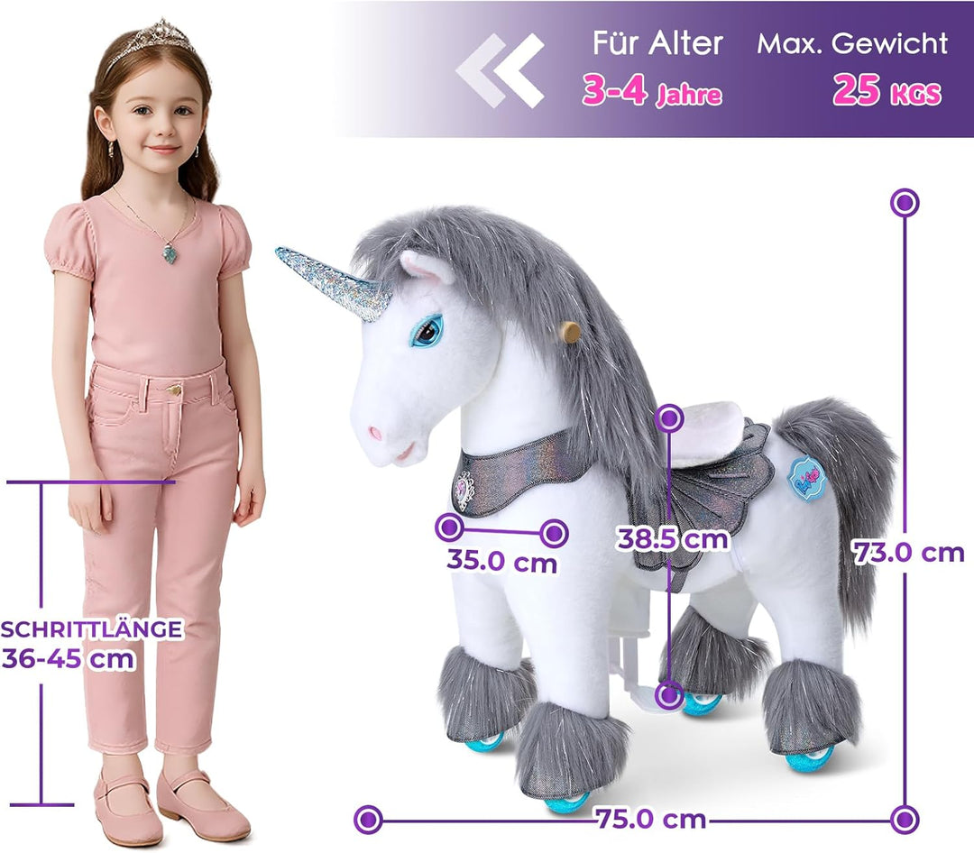 PonyCycle Hochwertig Modell Y Einhorn Spielzeug für Kinder mit Bremse, Graues Einhorn Reitspielzeug