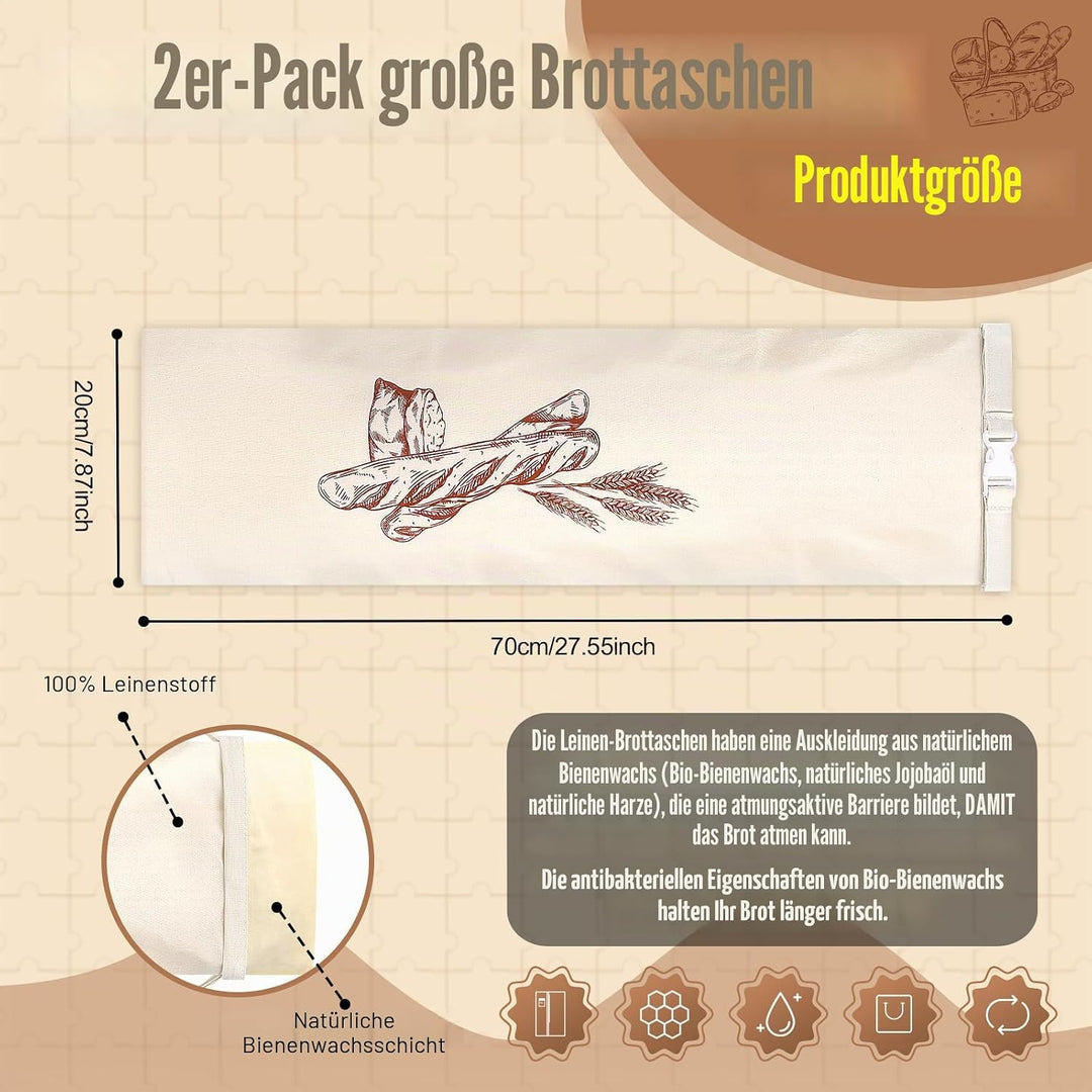 2 Stück 70 * 20cm Brotbeutel mit Bienenwachstuch Innenfutter Wiederverwendbare Brottüten Brot Obst G