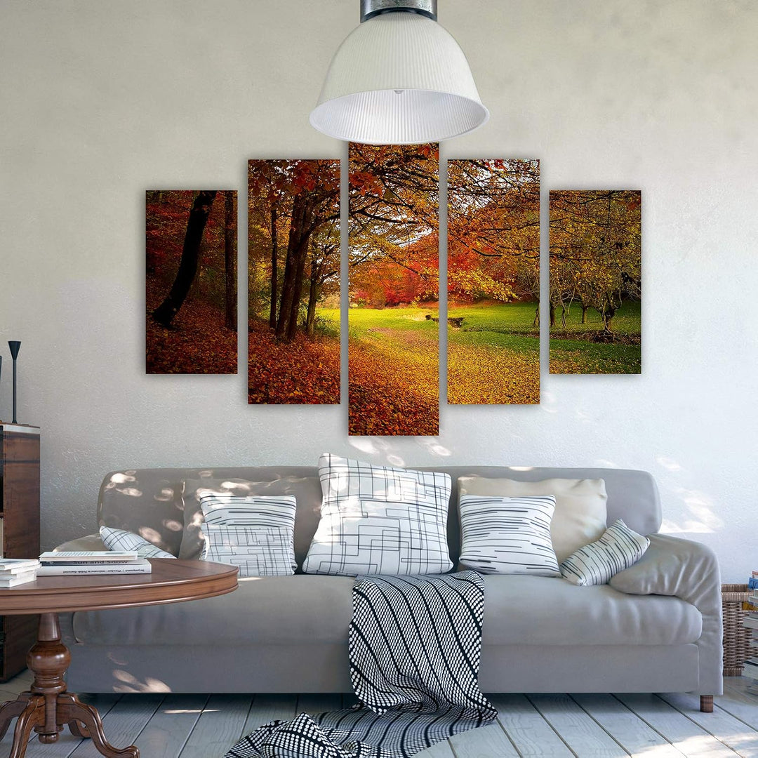 Wanddeko XXL Landschaft Leinwandbild 5 Teilig Herbst Blätter Bäume orange 100x70 cm Leinwandbild 100