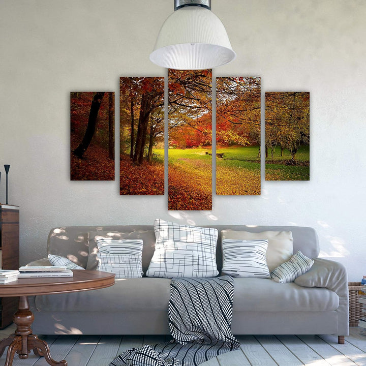Wanddeko XXL Landschaft Leinwandbild 5 Teilig Herbst Blätter Bäume orange 100x70 cm Leinwandbild 100