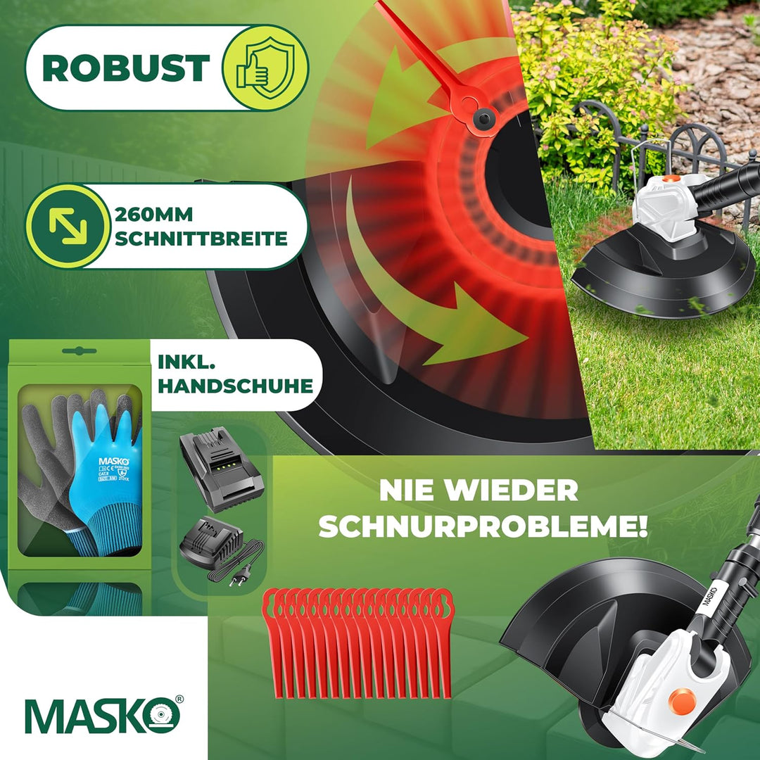 MASKO® Akku-Rasentrimmer mit 20 V Li-Ion Akku, 2,0 Ah Akku und Ladegerät, Motorsense 260mm Schnittbr