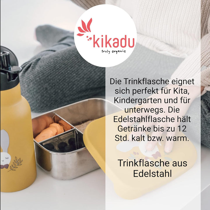 kikadu Trinkflasche Hase Senfgelb - - Kindergeschirr, BPA-frei, 18/8 Edelstahl, mit niedlichen Aufdr