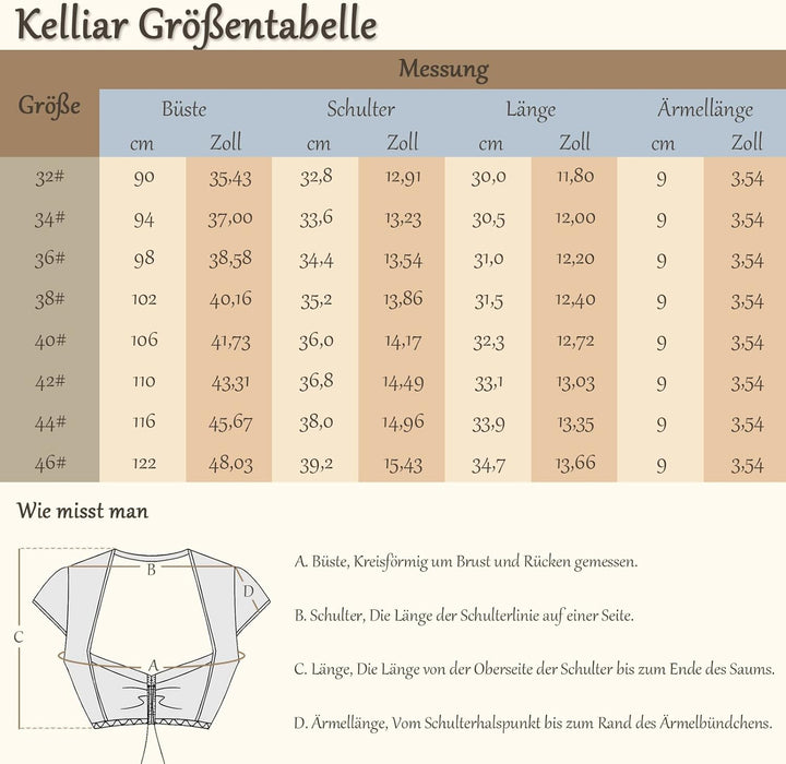 Kelliar Dirndlbluse Damen Trachtenbluse Creme Dirndl Bluse für Bavarian Oktoberfest 42 Creme-78, 42