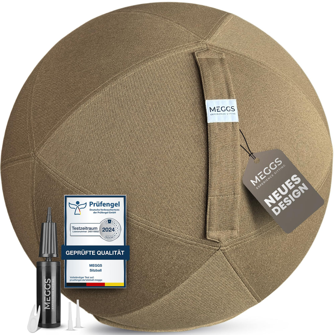 MEGGS® Stoff-Sitzball 65cm, Ergonomisch Sitzen im Büro & Zuhause, [Wegrollschutz & Platz-Sicher], Pe