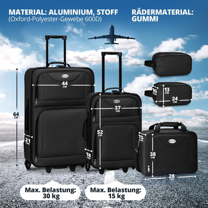 Juskys Trolley Reisekoffer Set 5 teilig - 60 Liter, 2 Rollen, Weichschale, wasserabweisend Stoff, le