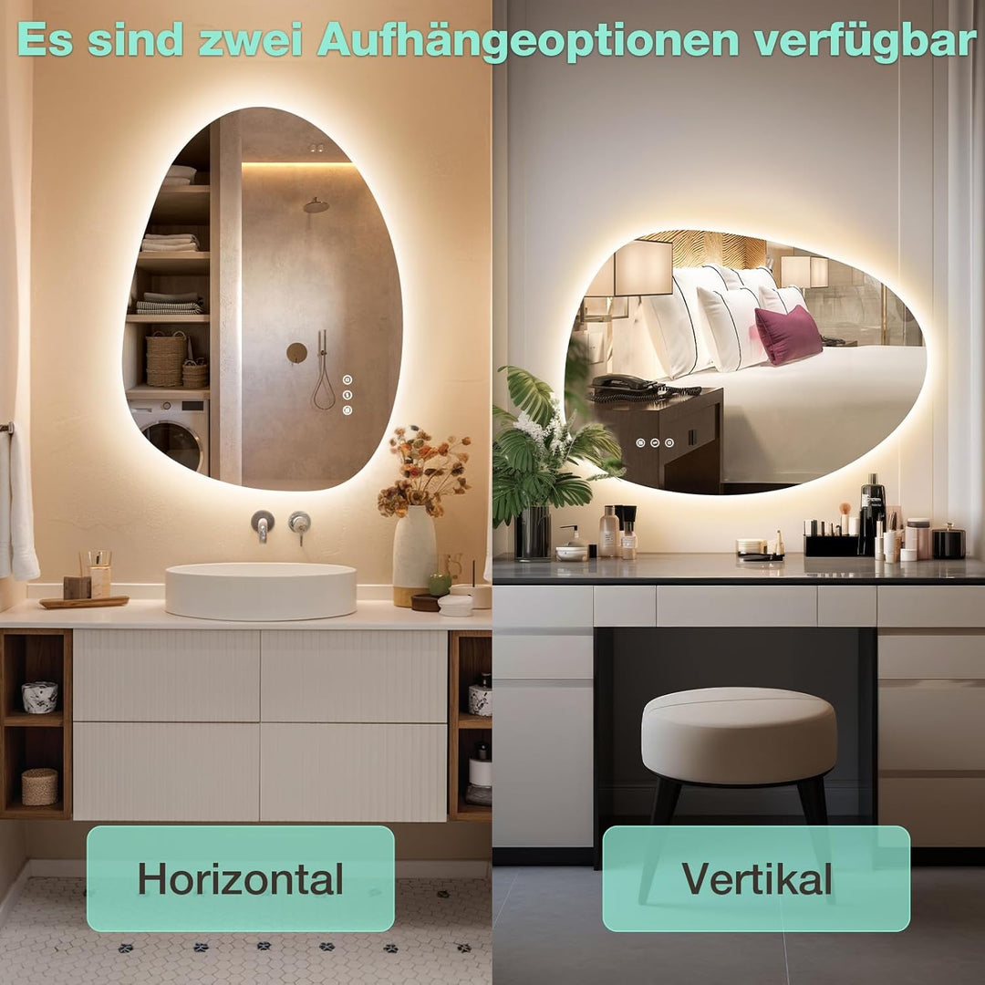 Asymmetrischer Spiegel mit Beleuchtung 75 × 55 cm, 3 Lichtfarben, Dimmbar, Antibeschlag, IP44 Wasser