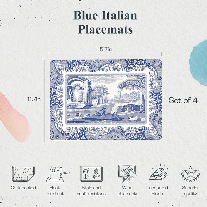 Blue Italian Placemats, Wood, Blue and White, 40.1 x 29 x 0.58 cm