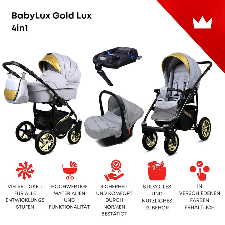 BabyLux® Kinderwagen Set 4 in 1 - Gold Lux - incl. Babywanne, Buggy Sportsitz, Auto-Babyschale, ISOF