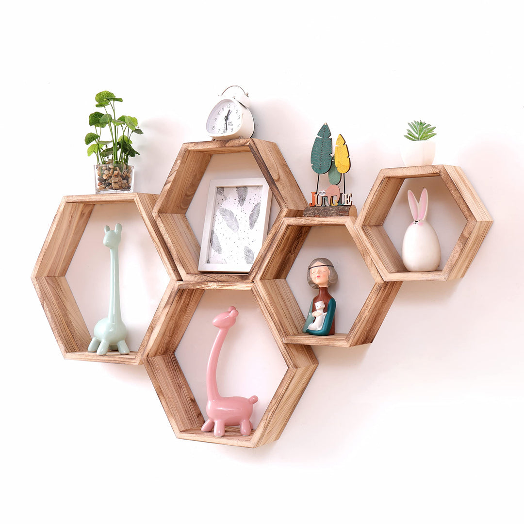 WONFUlity Hexagon schwebende Regale, 5er-Set, Wandmontage, Holz, Bauernhaus-Aufbewahrung, Waben-Wand