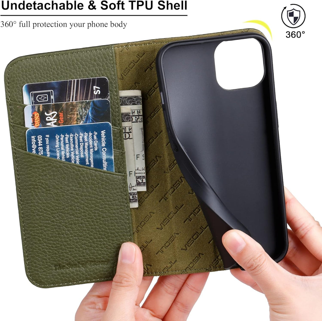 VISOUL iPhone 14 Hülle, Handyhülle iPhone 14[100% Echtleder] [3 Kartenfächer] [Verdichtes TPU] [Magn