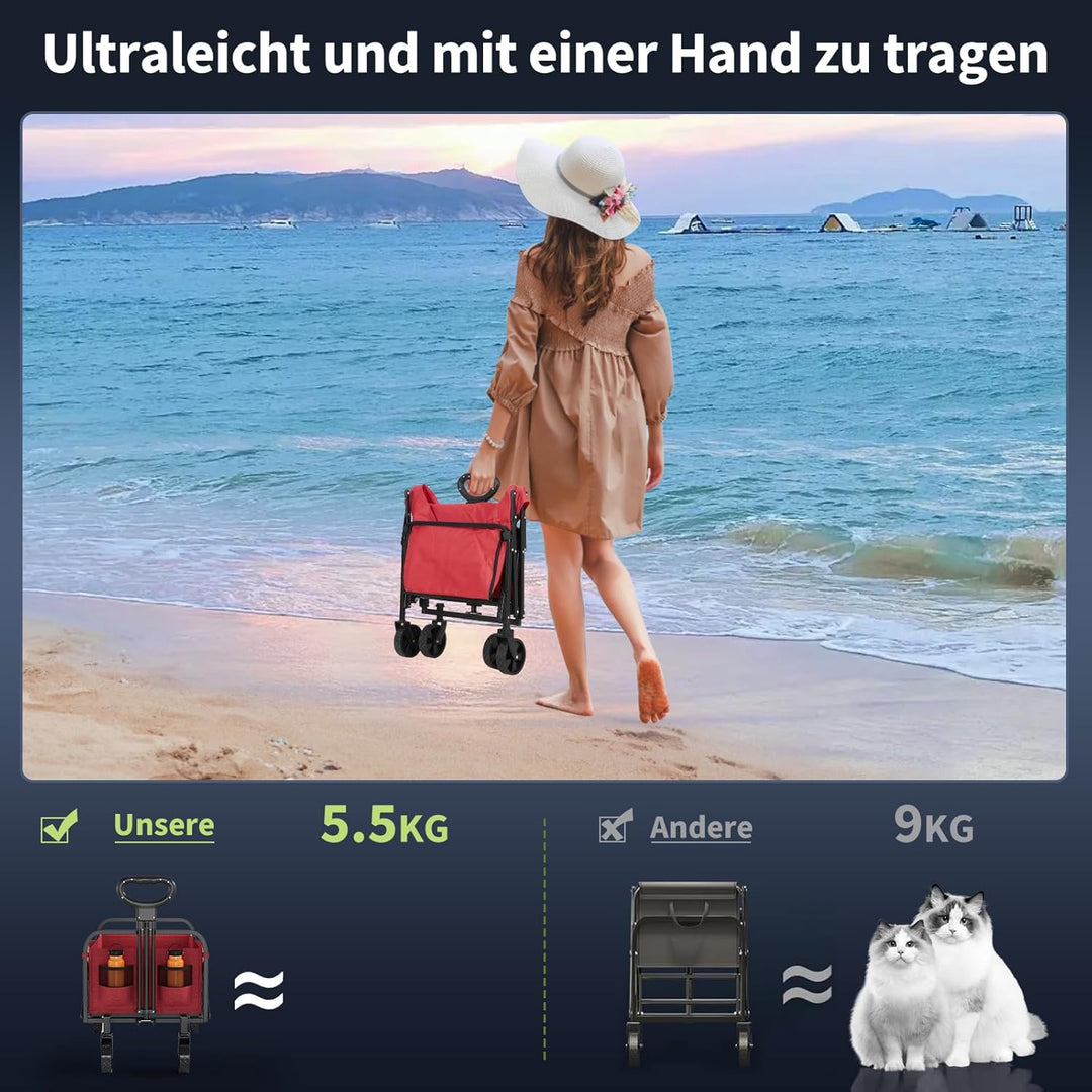 Faltbarer Bollerwagen 220L, 172kg Traglast, Rot | 360° Geländeräder mit Bremse, Stahlrahmen aus 600D