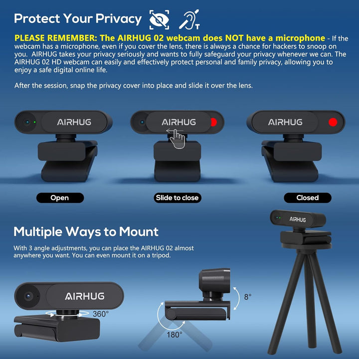 Ohne Mikrofon HD-Webcam, 2K QHD/FHD 1080p mit Sichtschutzschild, drehbare 360°Computerkamera, Plug&P