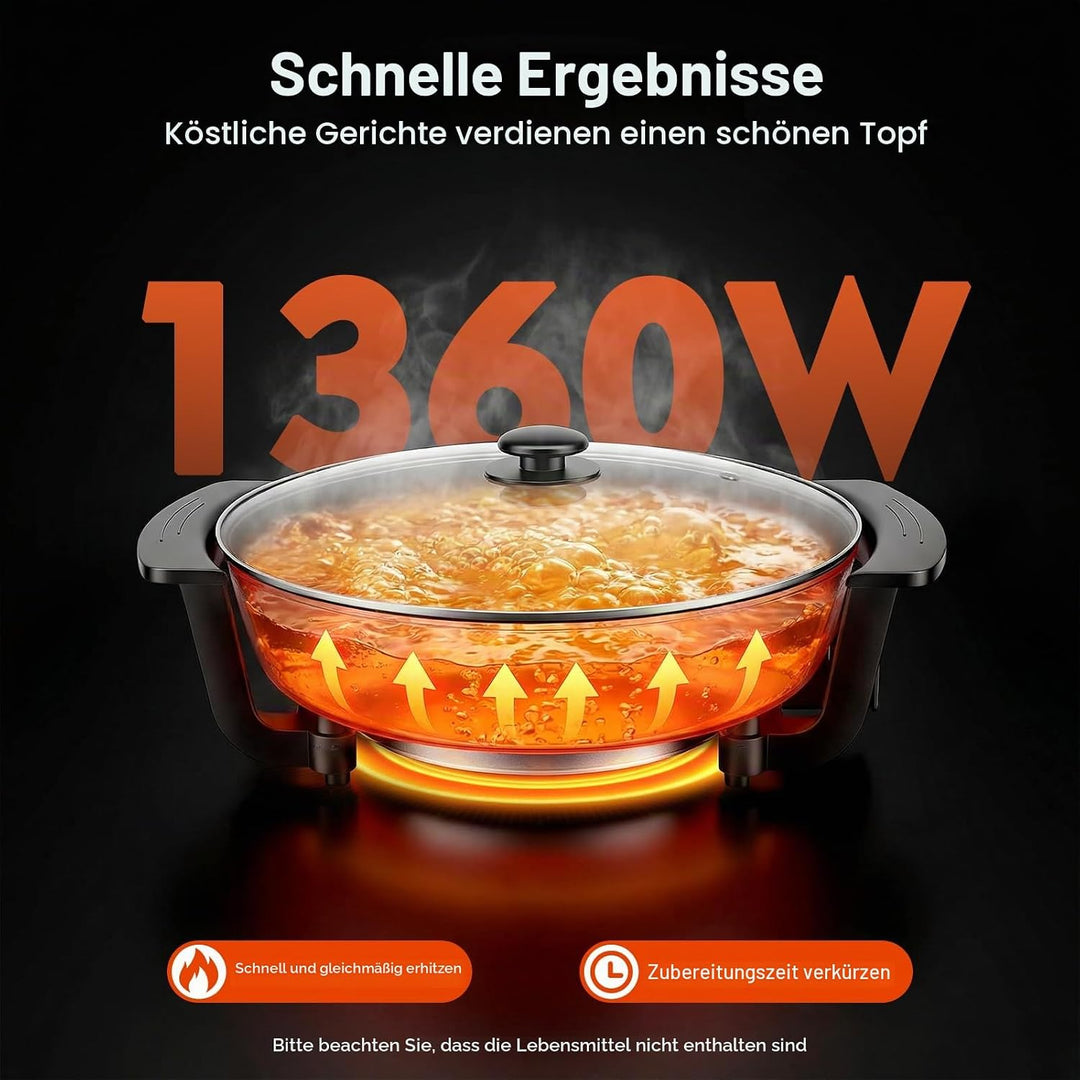 Elektrischer Kochtopf, 1360W 220V Hotpot Topf mit Teiler &amp; Glas-Deckel, 6L Hot Pot Fondue Chinesisch
