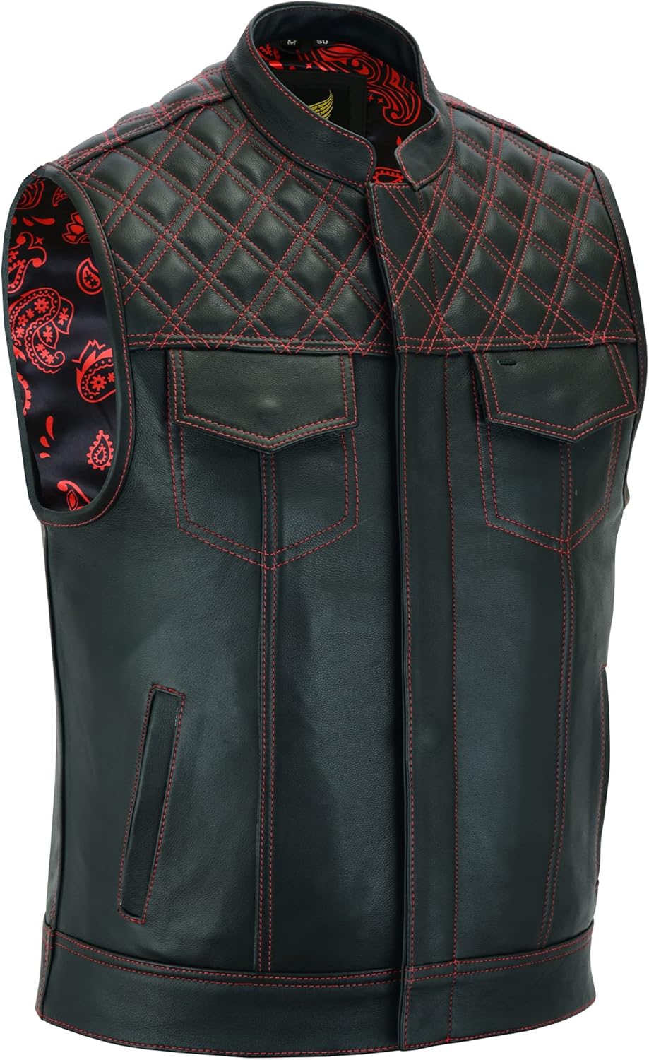 Leatherick Groove Club Herren-Motorradweste aus schwarzem Leder – Bikerweste 48 Schwarz (rote Rauten