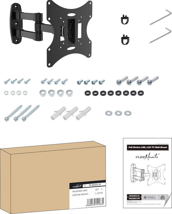 PureMounts PM-Basic2-37 flache Wandhalterung, neigbar, schwenkbar, ausziehbar, f▒r Fernseher / Monit