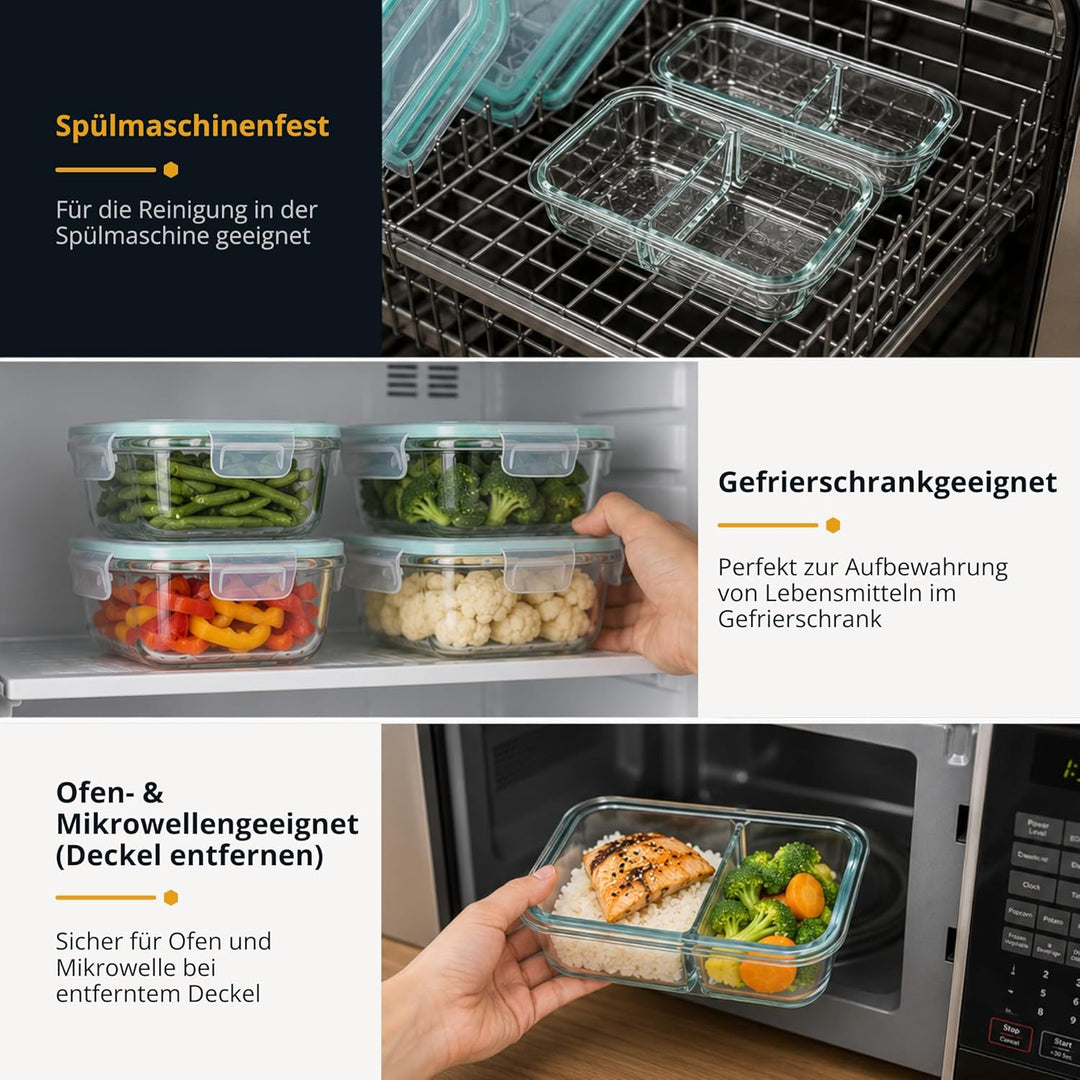 Winter Shore Meal Prep Boxen Glas mit 2 Fächern (5er-Pack) - Lebensmittelsichere, BPA-Freie, Auslauf