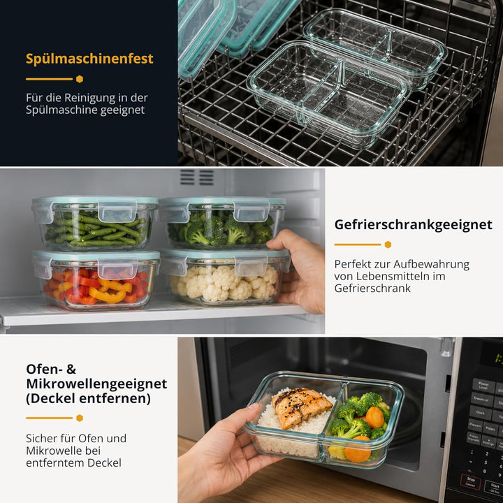 Winter Shore Meal Prep Boxen Glas mit 2 Fächern (5er-Pack) - Lebensmittelsichere, BPA-Freie, Auslauf