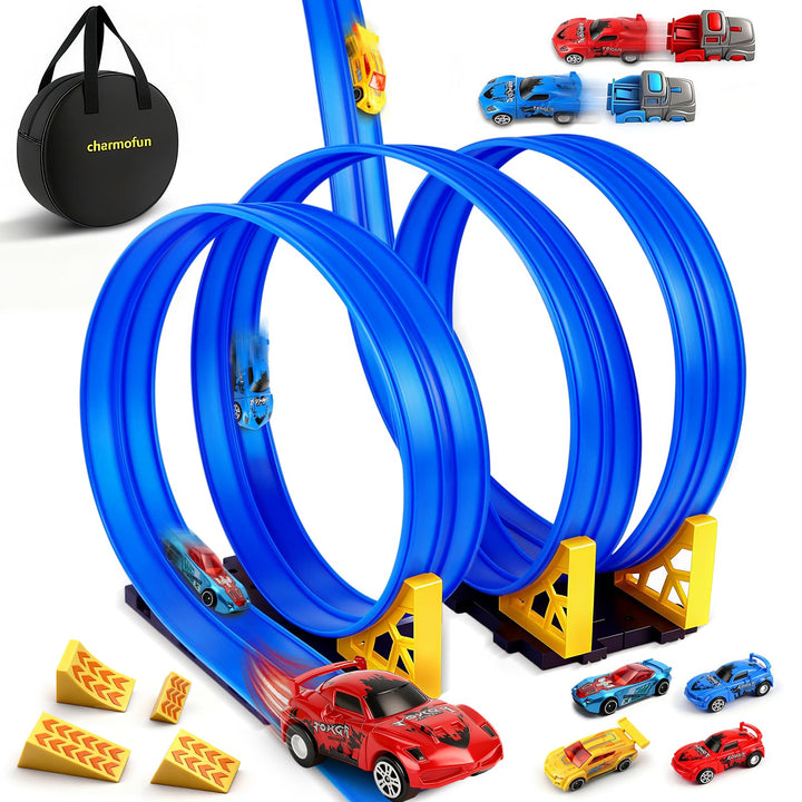 Charmofun Autorennbahn für Kinder 5M, Flexible Rennbahn Kinder mit 4 Autos, Aufbewahrungstasche, Kat