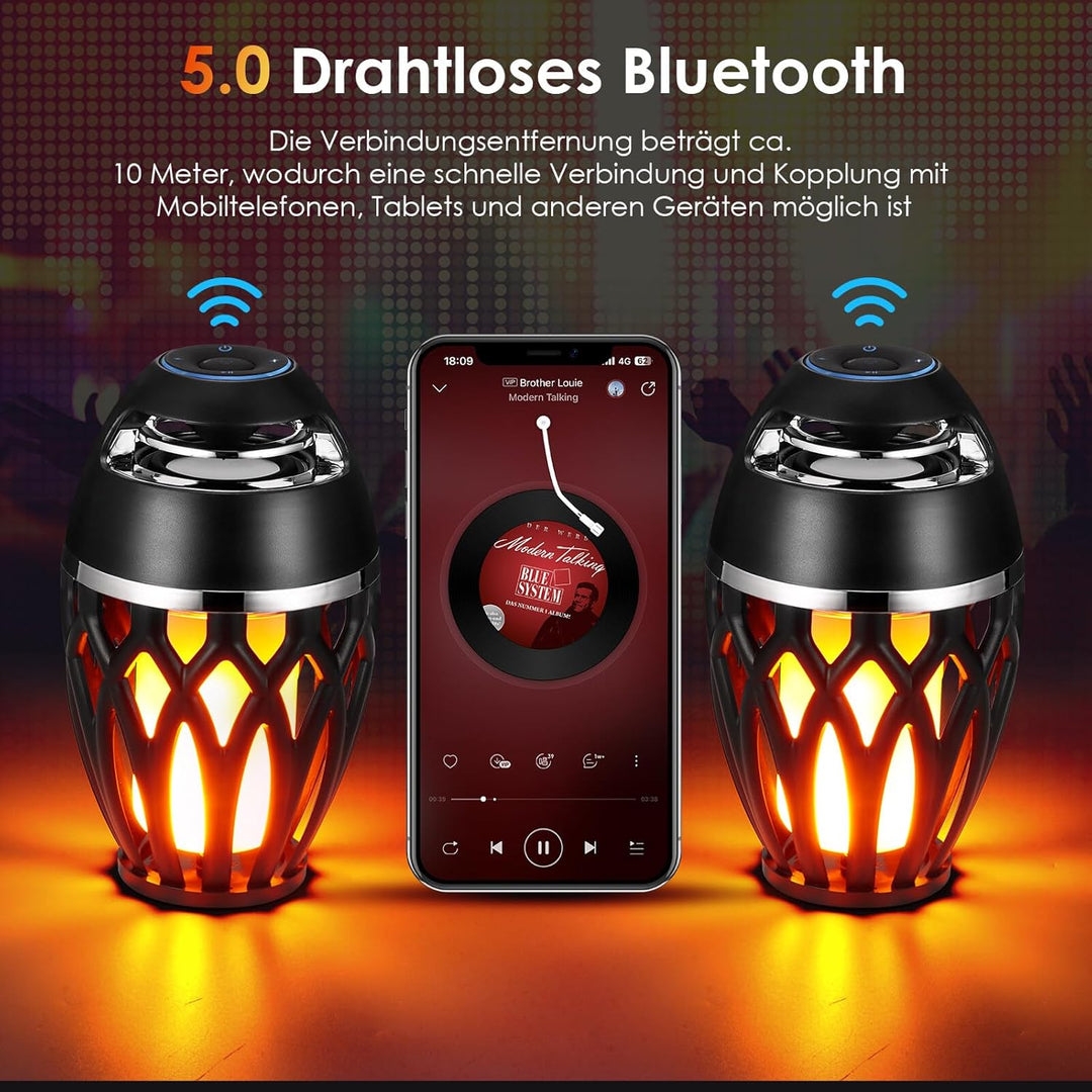 Bluetooth Lautsprecher mit LED Flammenlicht, Wasserdichte Kabellose Lautsprecher, Bluetooth 5.0 Kabe