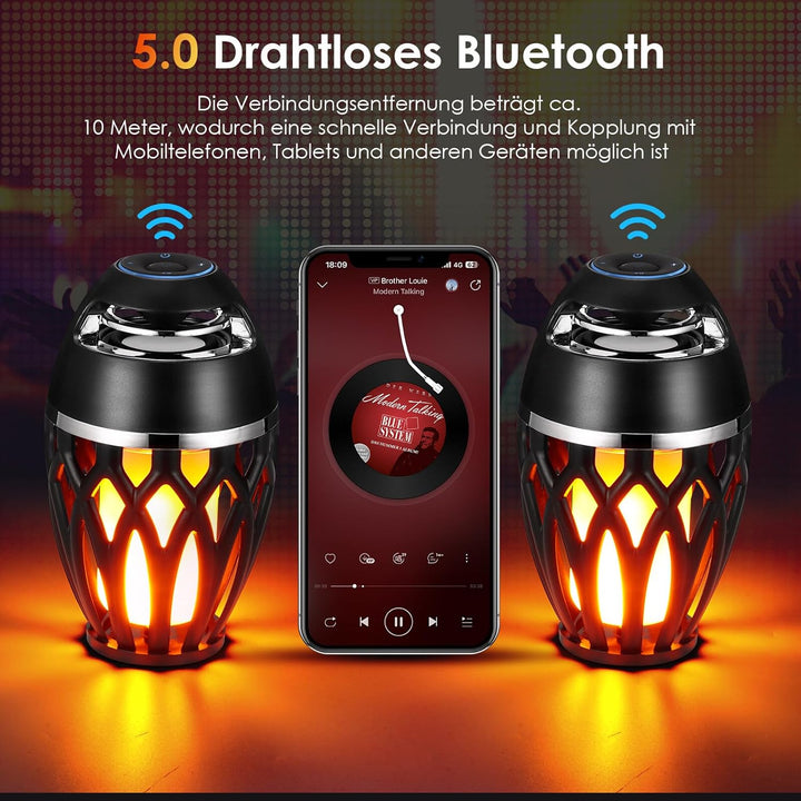 Bluetooth Lautsprecher mit LED Flammenlicht, Wasserdichte Kabellose Lautsprecher, Bluetooth 5.0 Kabe