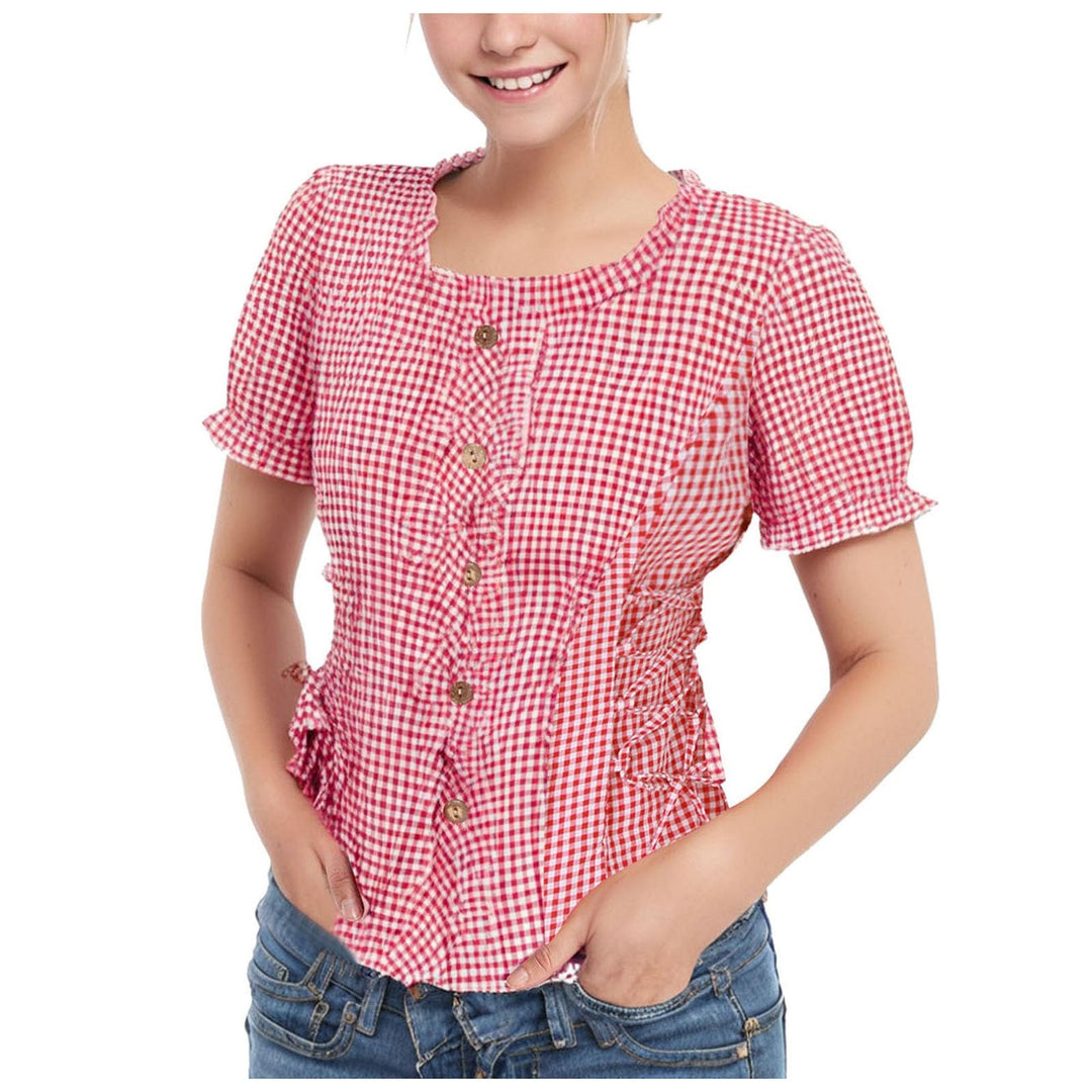 Trachtenbluse Damen Modern Karierte Bluse Oktoberfest Outfit Elegant Kurzarm Landhausmode Shirt Spit