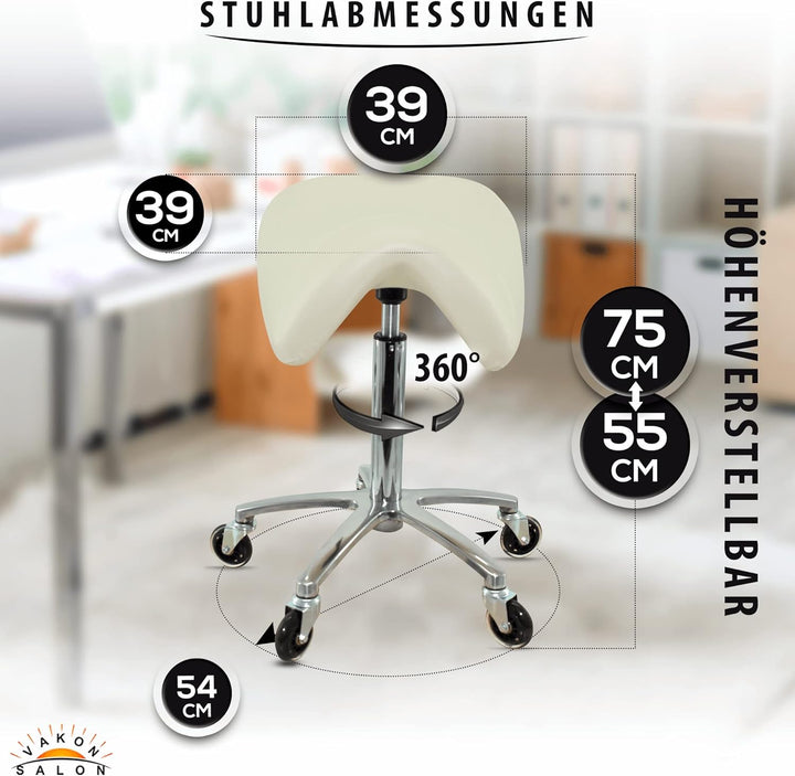 Premium Sattelhocker Weiss, Sattelstuhl für Rückenentlastung, Rollhocker höhenverstellbar von 55-75
