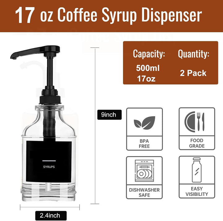 AXIM Kaffeesirupspender, Kaffeeset, 2 Sirupflaschen mit Pumpe und Etiketten, 500 ml Glas-Sirupflasch