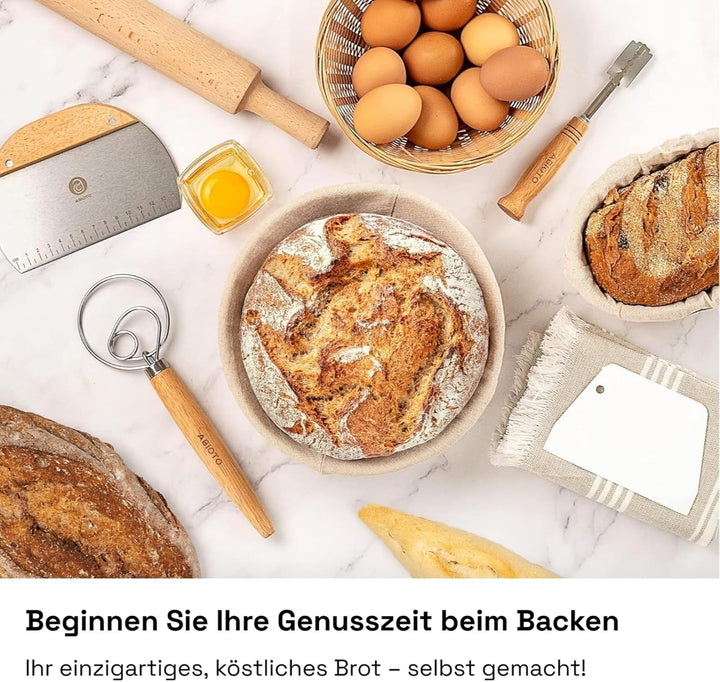 Brot Gärkorb Set aus 100% Rattan, 25cm Rund & 25cm Oval Gärkörbchen für Sauerteig Starter, Inkl. 2 B