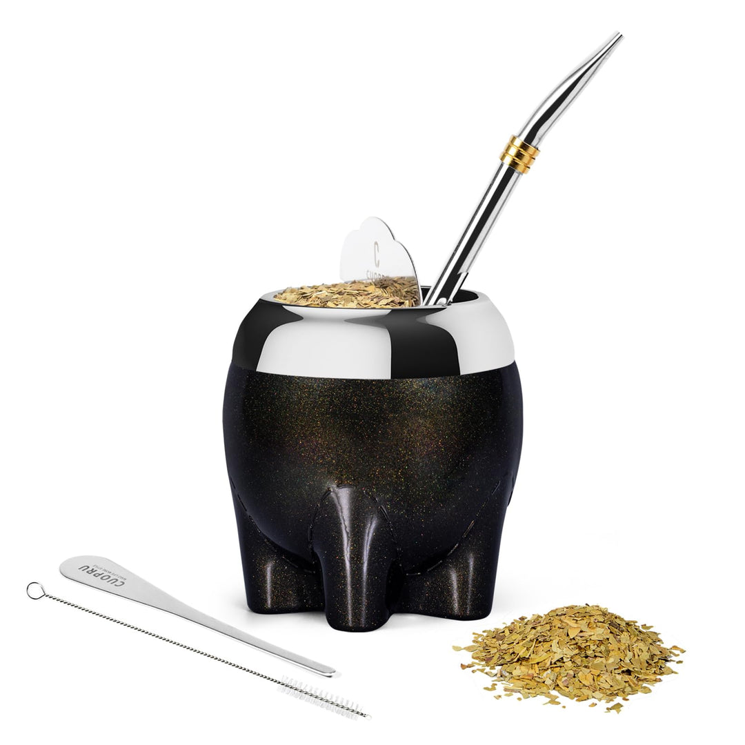 Cuopru Premium Yerba Mate Tasse, 5-in-1-Set, inklusive Edelstahl-Kürbis (Glitzersterne, niedlicher E