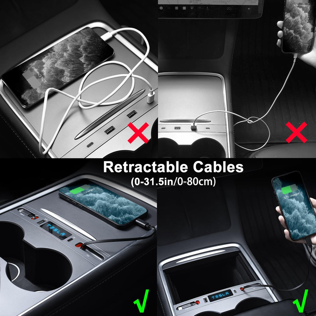 for Tesla USB Hub, Retractable Hub Docking Station, Quick Charge with Cable Adapter for Model Y 2021