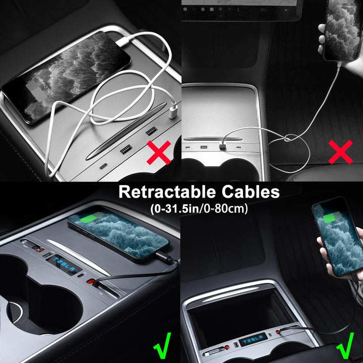 for Tesla USB Hub, Retractable Hub Docking Station, Quick Charge with Cable Adapter for Model Y 2021