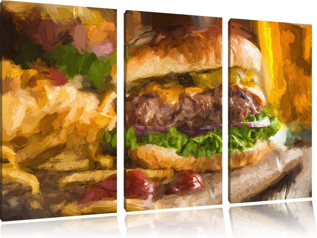 Pixxprint Saftiger Chili Cheese Burger Pinsel Effekt 3-Teiler Leinwandbild 120x80 Bild auf Leinwand