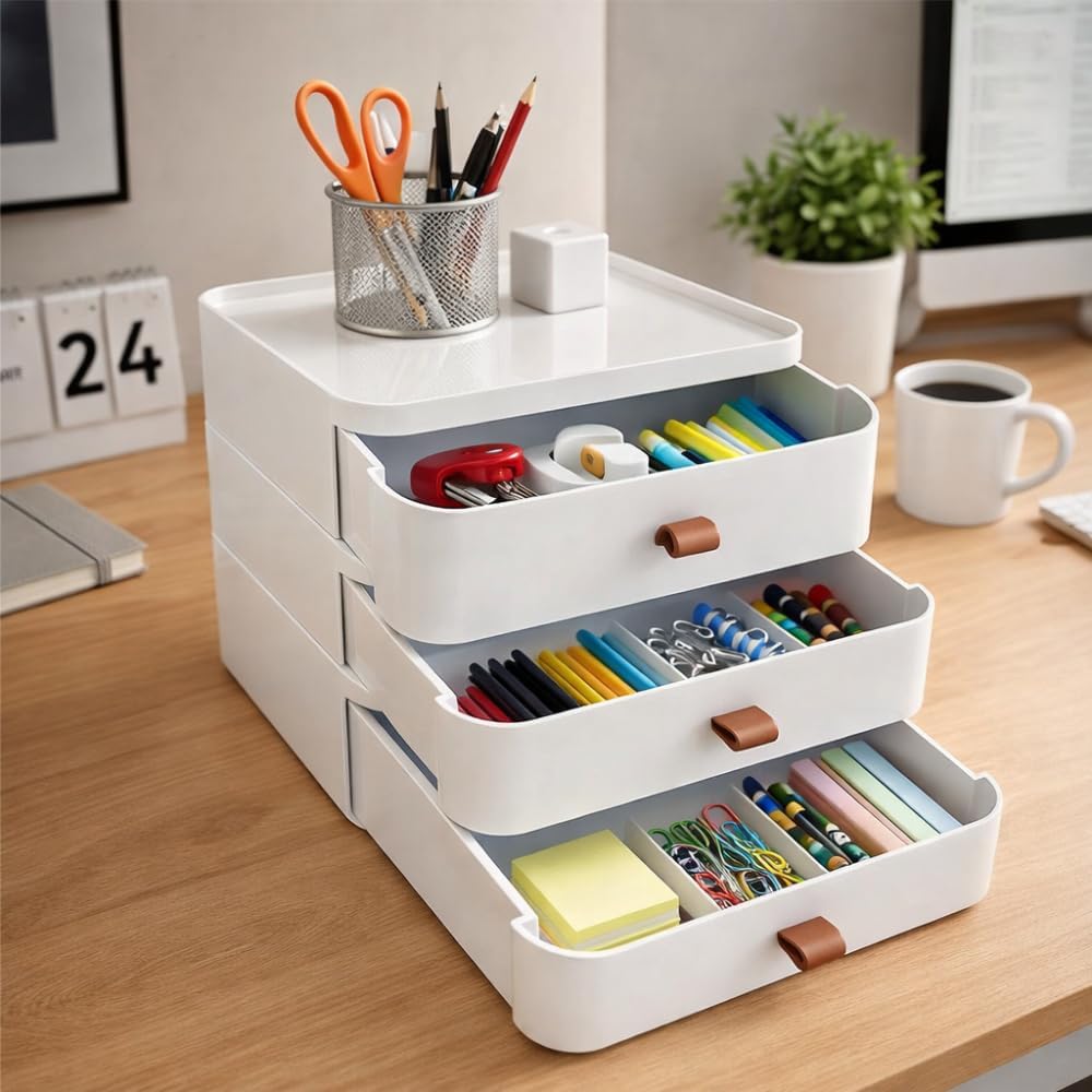 Sugodesign 3-Schubladen Schreibtisch-Organizer, Weiss mit Braunen Griffen, 20x20x22 cm, Aufbewahrung