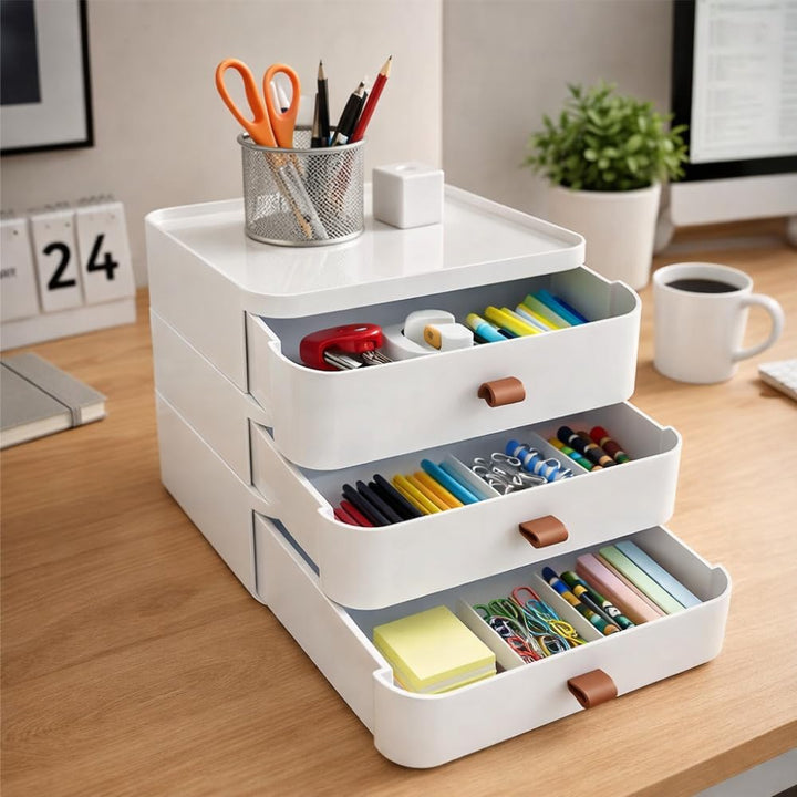 Sugodesign 3-Schubladen Schreibtisch-Organizer, Weiss mit Braunen Griffen, 20x20x22 cm, Aufbewahrung