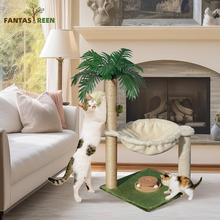 Fantasreen Katze Kratzbaum 70cm Kleiner Kratzbaum Turm mit Hängematte, Katzenspielzeug aus Holz inte