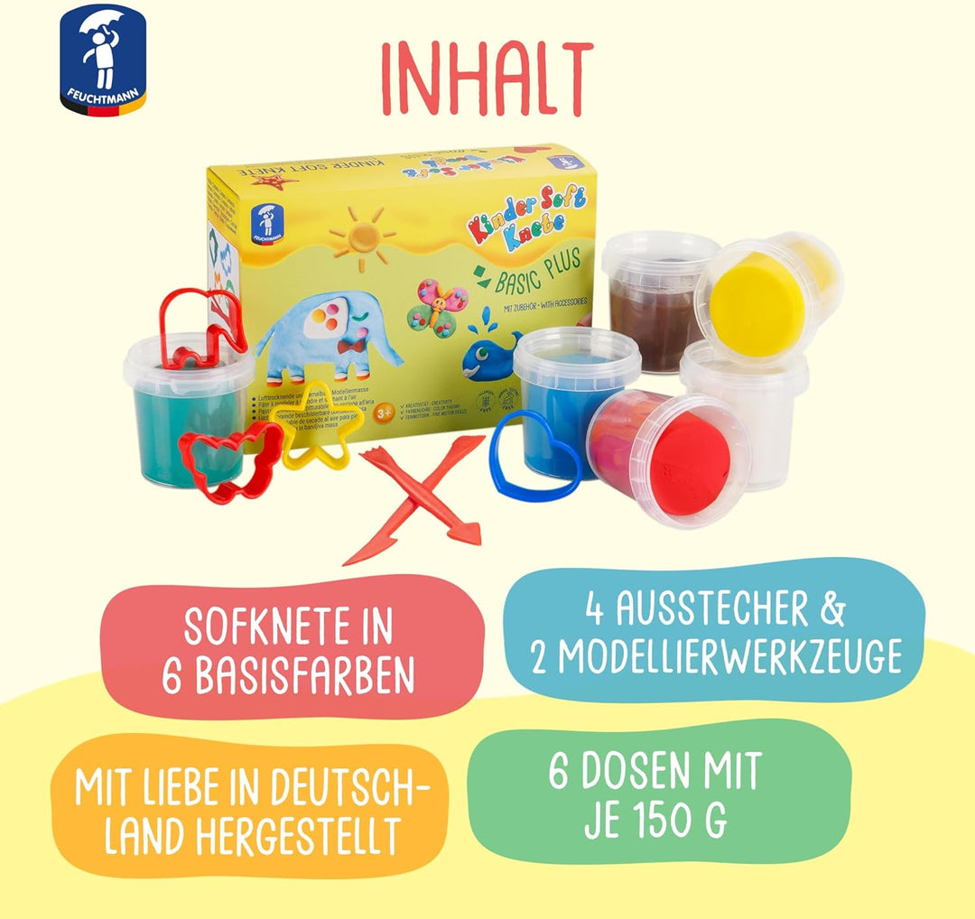 Feuchtmann KINDER SOFT KNETE Basic Plus - 6 x 150g weiche Kinderknete mit Zubehör, ungiftig, vegan u